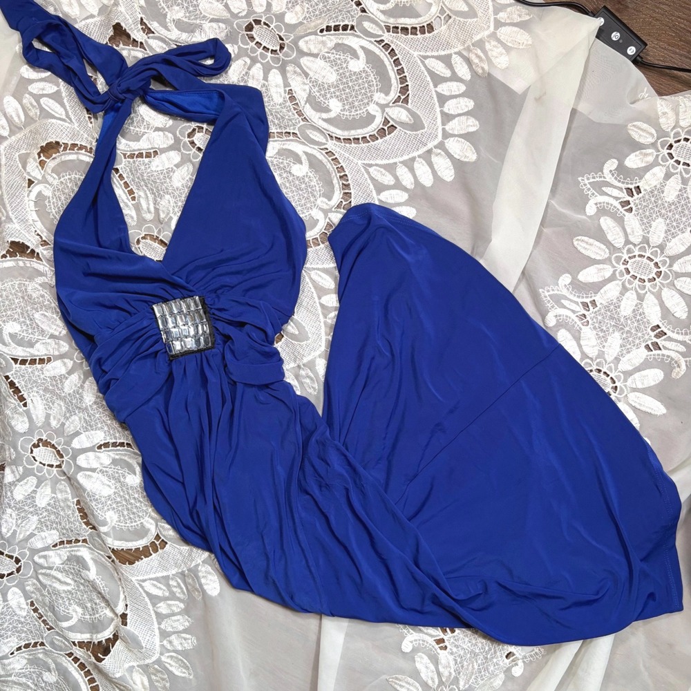 Y2K Halter Royal Blue Halter Maxi Dress Rhinestone Gown Size M